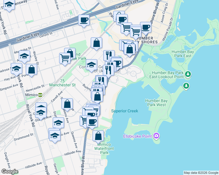 map of restaurants, bars, coffee shops, grocery stores, and more near 12341 Lake Shore Boulevard West in Toronto
