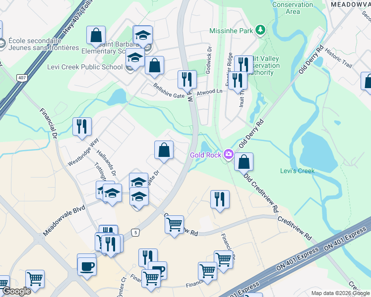 map of restaurants, bars, coffee shops, grocery stores, and more near 7101 Branigan Gate in Mississauga
