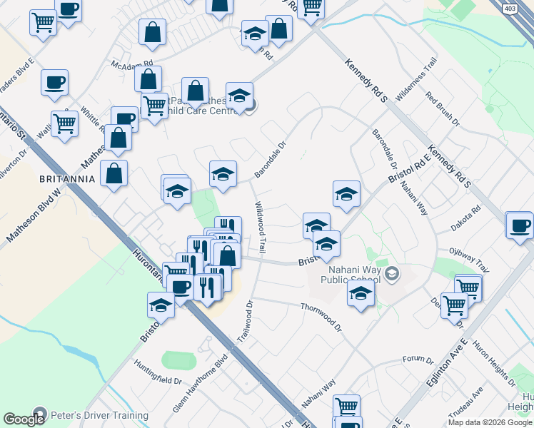 map of restaurants, bars, coffee shops, grocery stores, and more near in Mississauga