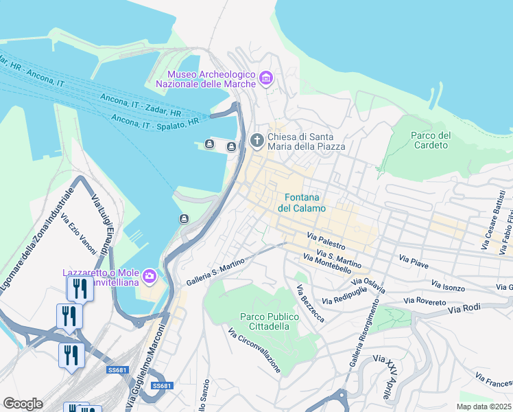 map of restaurants, bars, coffee shops, grocery stores, and more near 14 Corso Stamira in Ancona