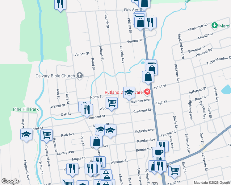 map of restaurants, bars, coffee shops, grocery stores, and more near 145 Church Street in Rutland