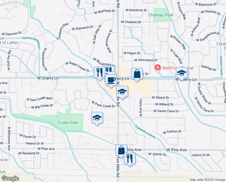 map of restaurants, bars, coffee shops, grocery stores, and more near 3301 West Cherry Lane in Meridian