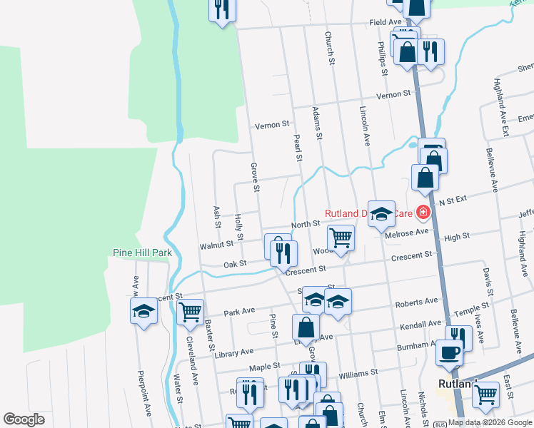 map of restaurants, bars, coffee shops, grocery stores, and more near 188 Grove Street in Rutland