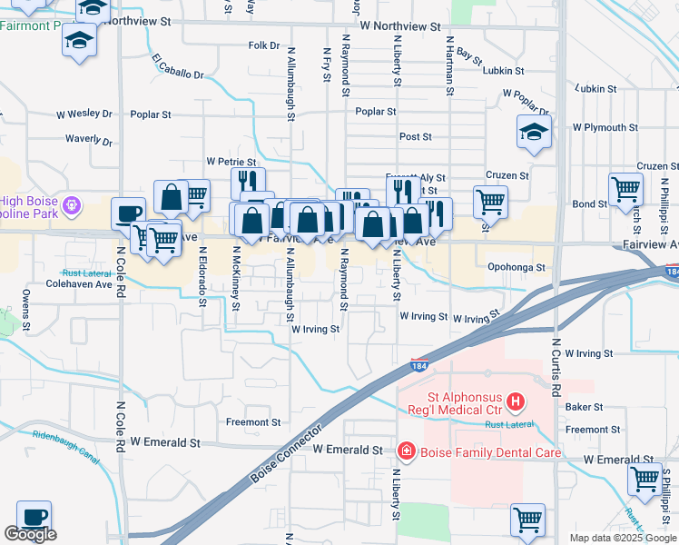 map of restaurants, bars, coffee shops, grocery stores, and more near 1488 North Raymond Street in Boise