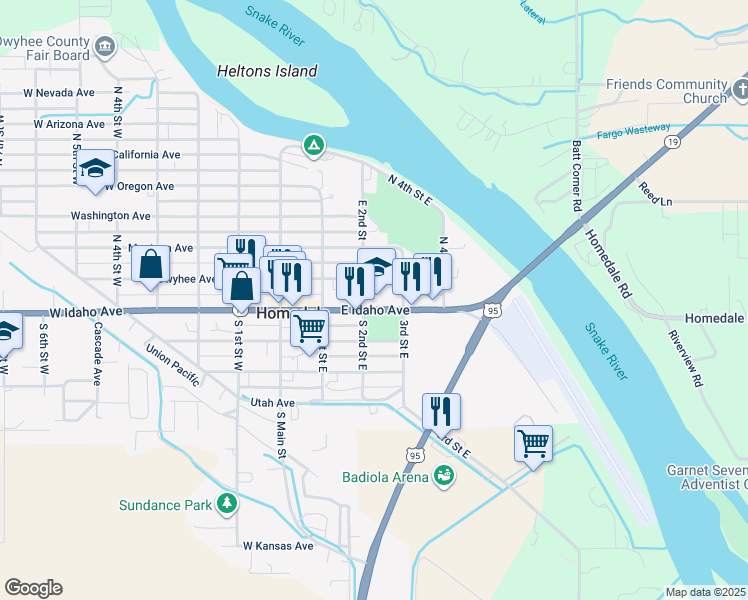 map of restaurants, bars, coffee shops, grocery stores, and more near 203 East Idaho Avenue in Homedale