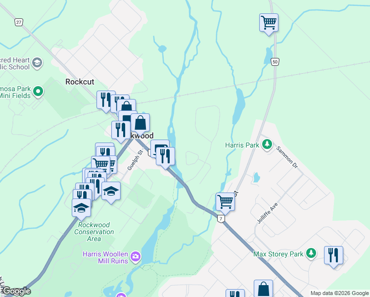map of restaurants, bars, coffee shops, grocery stores, and more near 135 Riverwalk Place in Wellington County
