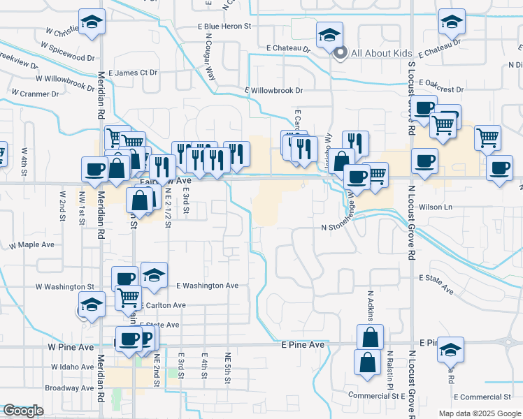 map of restaurants, bars, coffee shops, grocery stores, and more near 851 East Fairview Avenue in Meridian