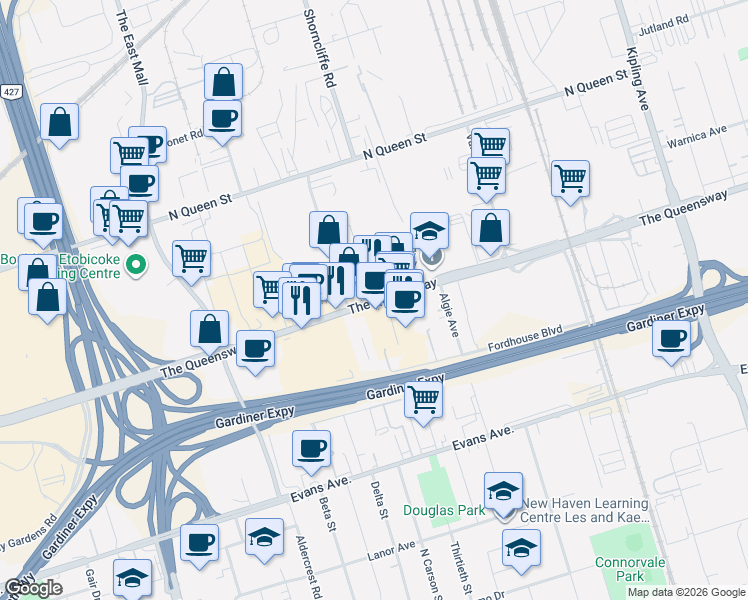 map of restaurants, bars, coffee shops, grocery stores, and more near 1564 The Queensway in Toronto