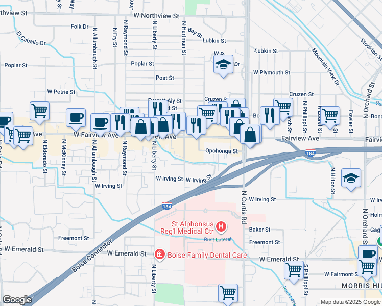 map of restaurants, bars, coffee shops, grocery stores, and more near 6103 West Fairview Avenue in Boise