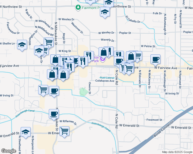 map of restaurants, bars, coffee shops, grocery stores, and more near 7654 West Opohonga Lane in Boise