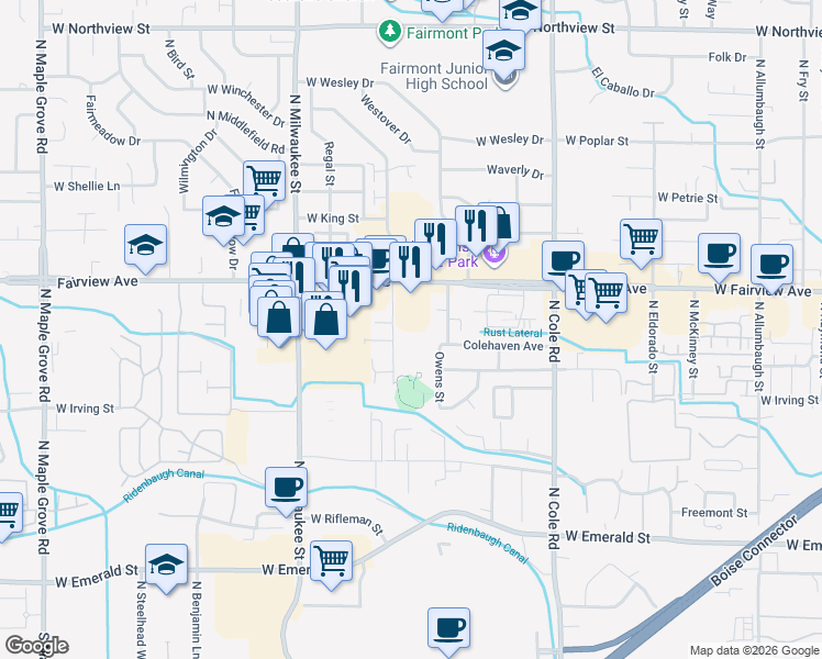 map of restaurants, bars, coffee shops, grocery stores, and more near 1500 North Etheridge Lane in Boise