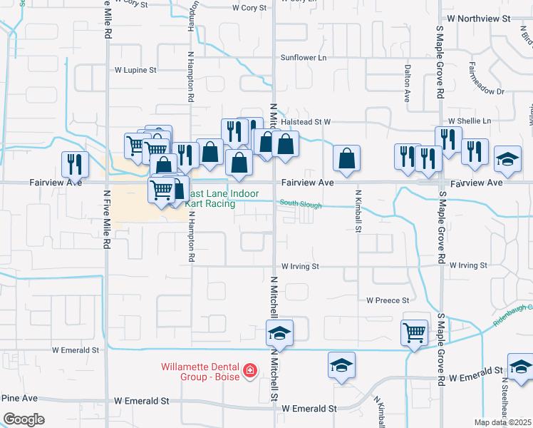 map of restaurants, bars, coffee shops, grocery stores, and more near 1500 North Mitchell Street in Boise