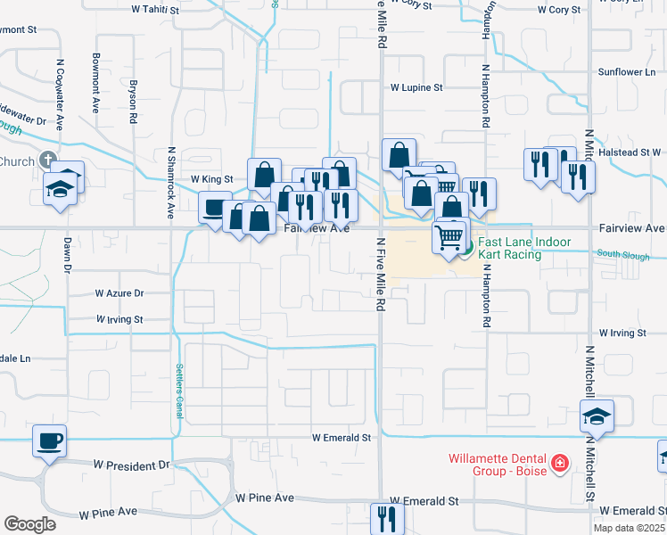 map of restaurants, bars, coffee shops, grocery stores, and more near 1495 Travis Place in Boise