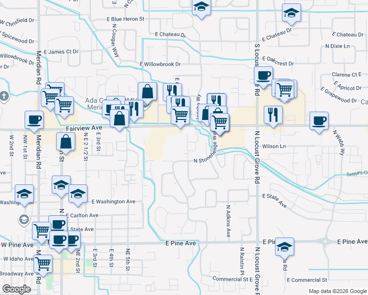 map of restaurants, bars, coffee shops, grocery stores, and more near 1187 East Fairview Avenue in Meridian