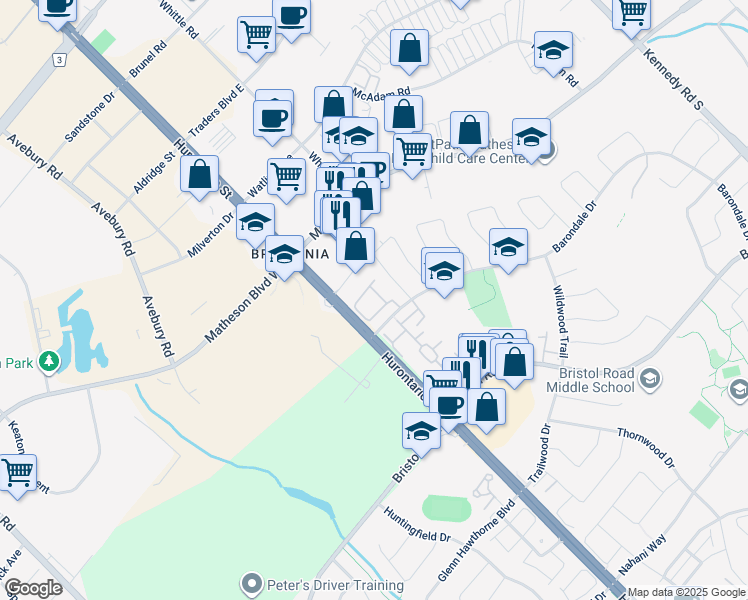 map of restaurants, bars, coffee shops, grocery stores, and more near 55 Barondale Drive in Mississauga