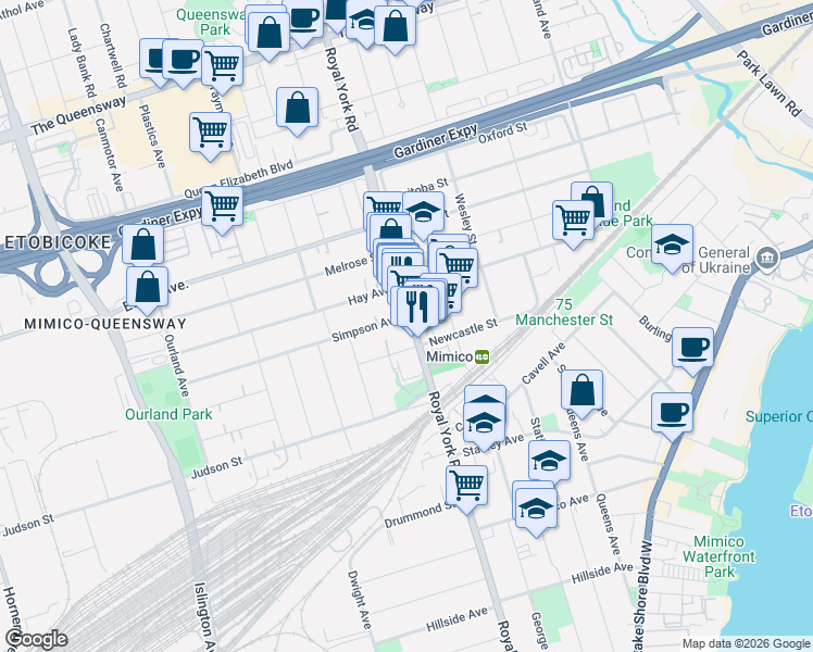 map of restaurants, bars, coffee shops, grocery stores, and more near 362 Royal York Road in Toronto
