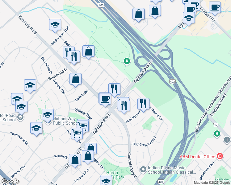 map of restaurants, bars, coffee shops, grocery stores, and more near 564 Candlestick Circle in Mississauga