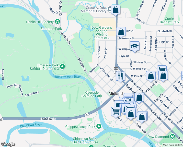map of restaurants, bars, coffee shops, grocery stores, and more near 812 West Main Street in Midland
