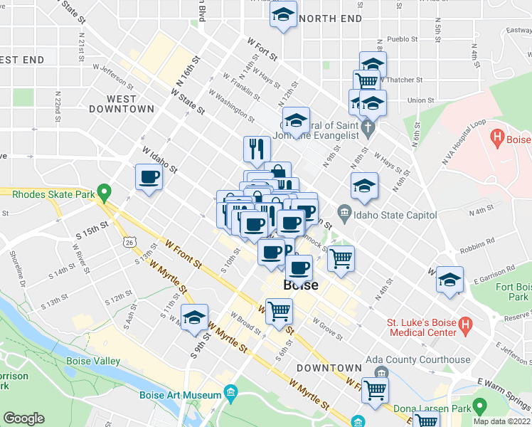 map of restaurants, bars, coffee shops, grocery stores, and more near 222 N 10th St in Boise