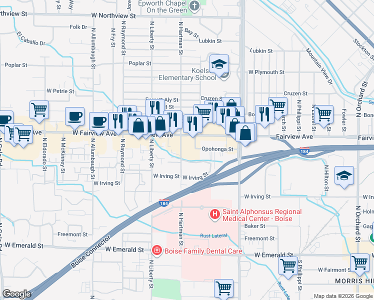 map of restaurants, bars, coffee shops, grocery stores, and more near 6103 West Fairview Avenue in Boise