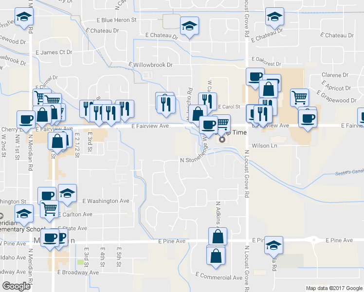 map of restaurants, bars, coffee shops, grocery stores, and more near 1187 East Fairview Avenue in Meridian