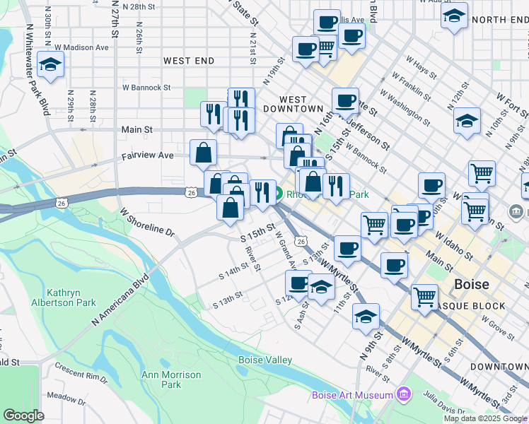 map of restaurants, bars, coffee shops, grocery stores, and more near 1522 West River Street in Boise