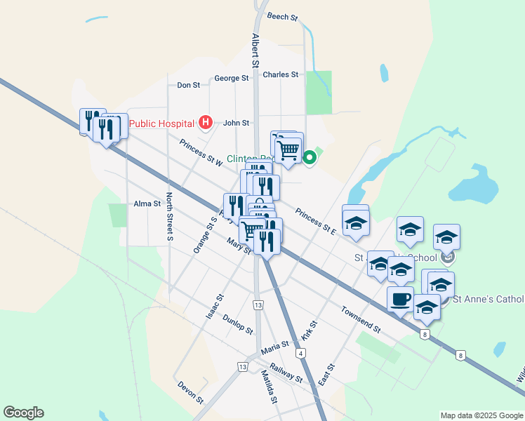 map of restaurants, bars, coffee shops, grocery stores, and more near 46 Albert Street in Clinton