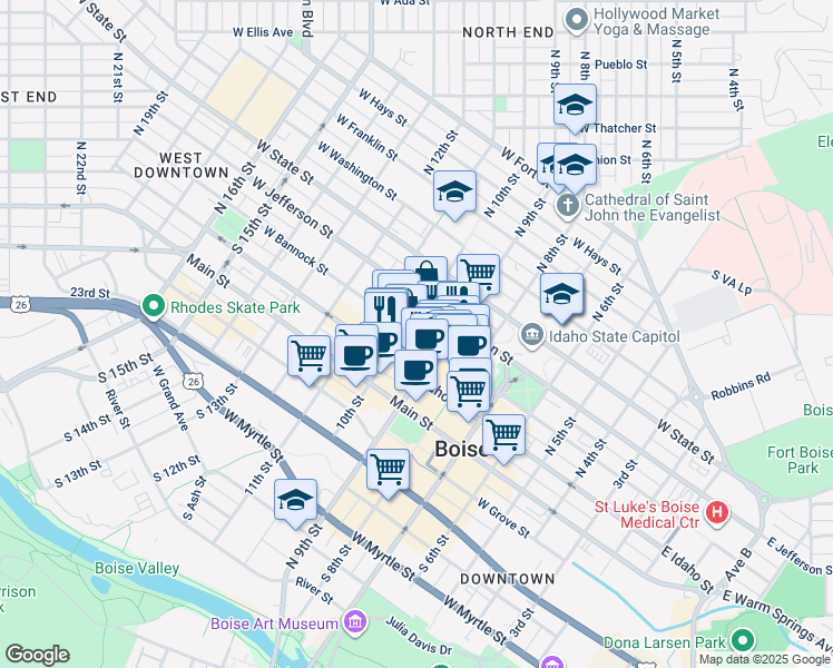 map of restaurants, bars, coffee shops, grocery stores, and more near 950 West Bannock Street in Boise