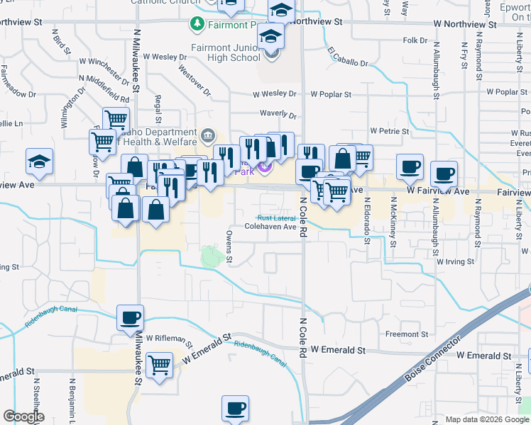 map of restaurants, bars, coffee shops, grocery stores, and more near 7654 West Opohonga Lane in Boise