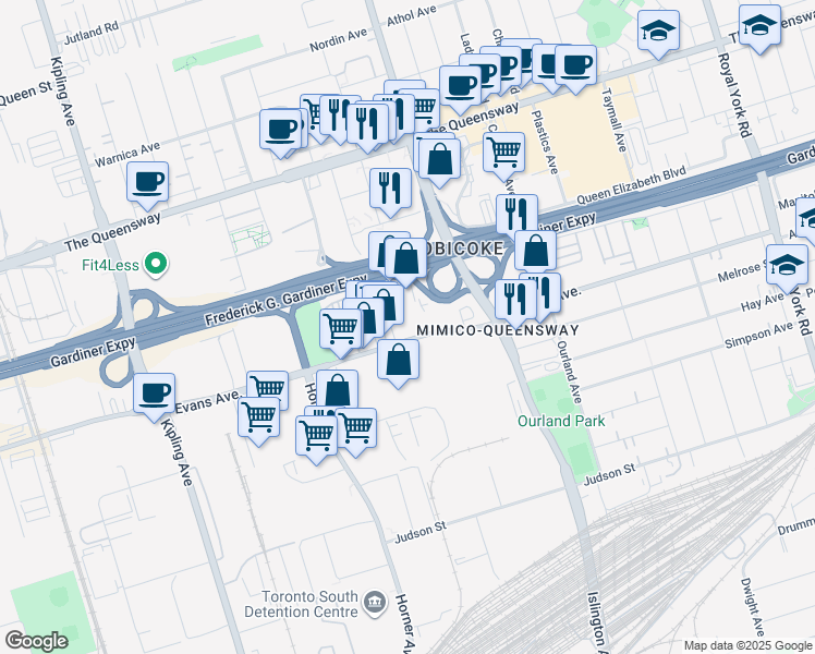 map of restaurants, bars, coffee shops, grocery stores, and more near in Toronto