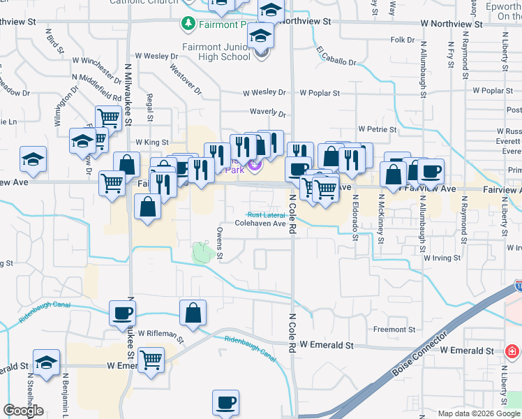 map of restaurants, bars, coffee shops, grocery stores, and more near 7415 West Fairview Avenue in Boise