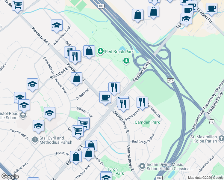 map of restaurants, bars, coffee shops, grocery stores, and more near 559 Candlestick Circle in Mississauga