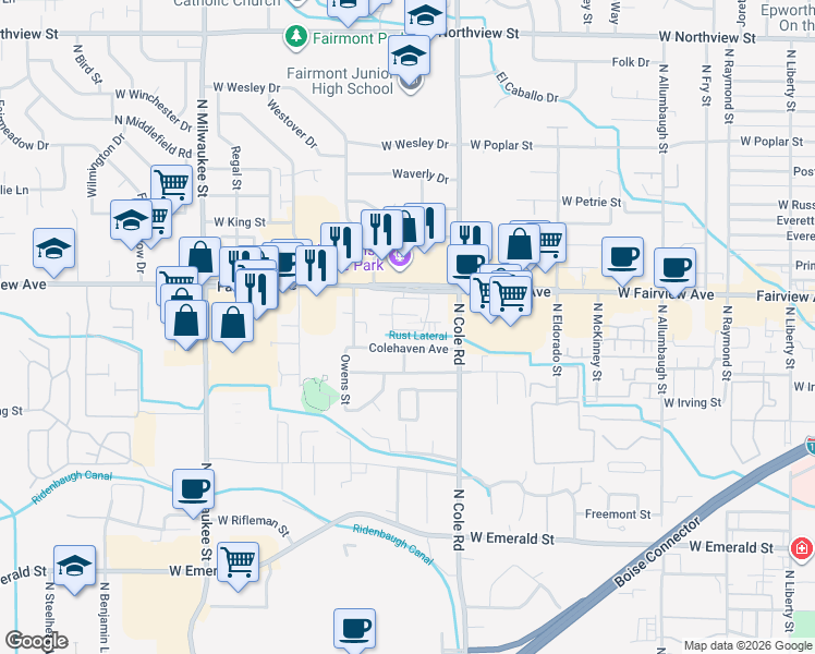 map of restaurants, bars, coffee shops, grocery stores, and more near 7654 West Opohonga Lane in Boise