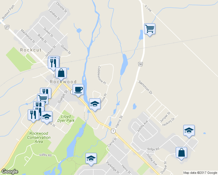map of restaurants, bars, coffee shops, grocery stores, and more near 101 Cobblestone Place in Wellington County