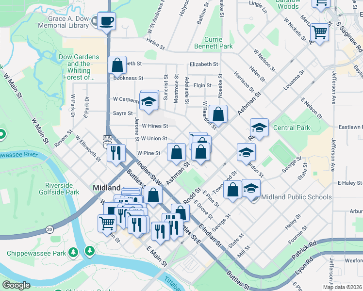 map of restaurants, bars, coffee shops, grocery stores, and more near 815 Gordon Street in Midland