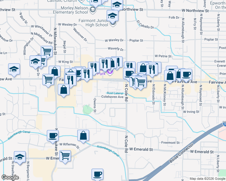 map of restaurants, bars, coffee shops, grocery stores, and more near 7415 West Fairview Avenue in Boise