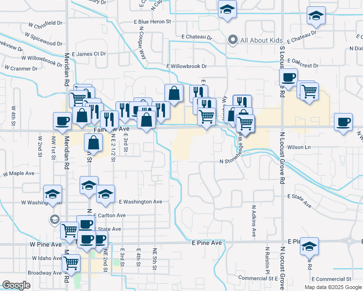 map of restaurants, bars, coffee shops, grocery stores, and more near 851 East Fairview Avenue in Meridian