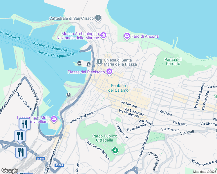 map of restaurants, bars, coffee shops, grocery stores, and more near 5 Via della Pescheria in Ancona