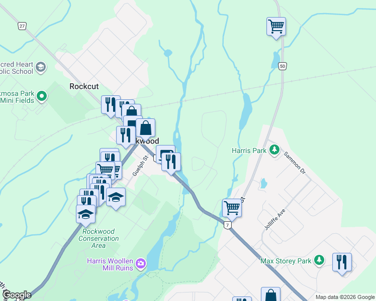 map of restaurants, bars, coffee shops, grocery stores, and more near 135 Riverwalk Place in Wellington County