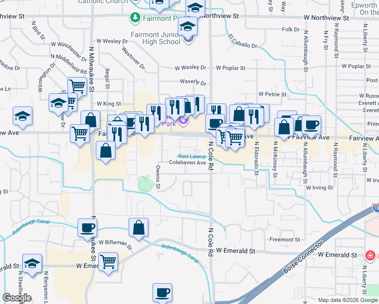 map of restaurants, bars, coffee shops, grocery stores, and more near 7415 West Fairview Avenue in Boise