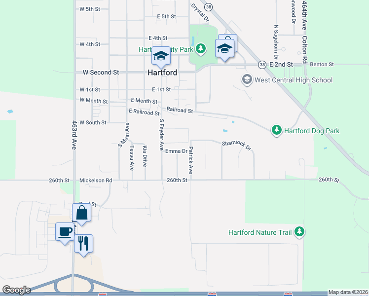 map of restaurants, bars, coffee shops, grocery stores, and more near 404 Emma Drive in Hartford