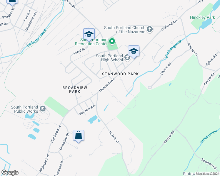 map of restaurants, bars, coffee shops, grocery stores, and more near 710 Highland Avenue in South Portland
