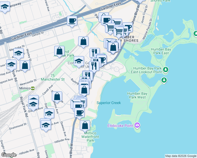 map of restaurants, bars, coffee shops, grocery stores, and more near 2301 Lake Shore Boulevard West in Toronto