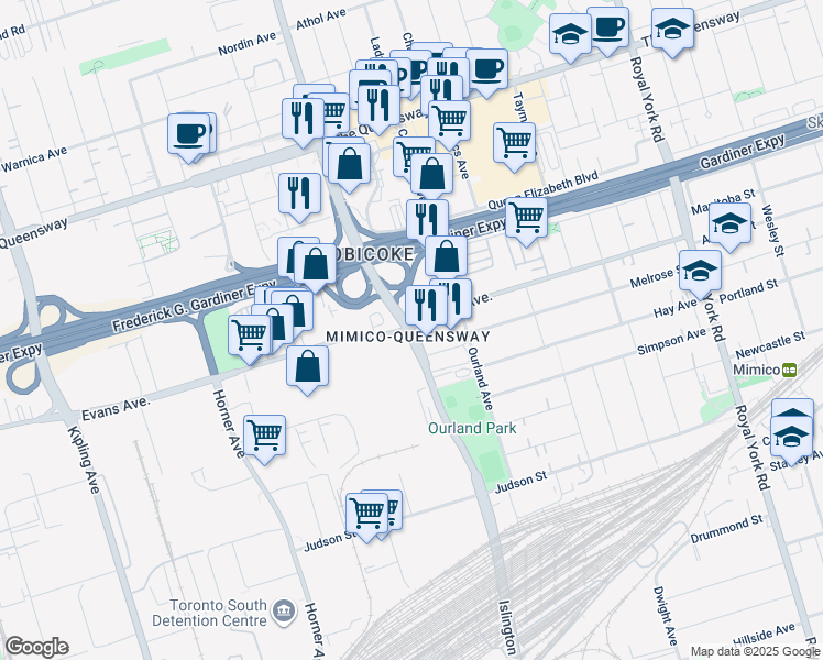 map of restaurants, bars, coffee shops, grocery stores, and more near Islington Ave & Evans Ave in Toronto