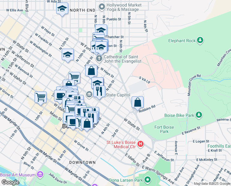 map of restaurants, bars, coffee shops, grocery stores, and more near 501 West Franklin Street in Boise
