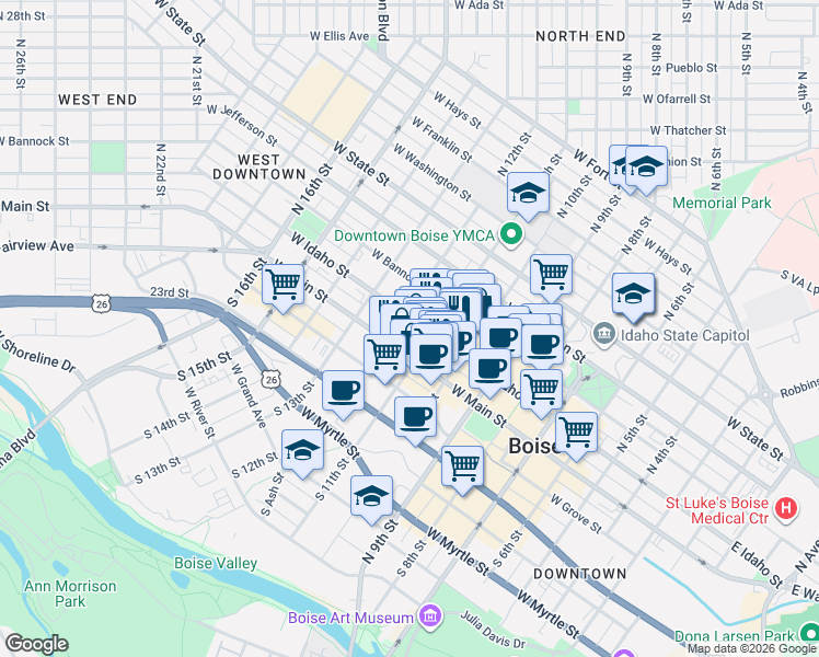 map of restaurants, bars, coffee shops, grocery stores, and more near in Boise
