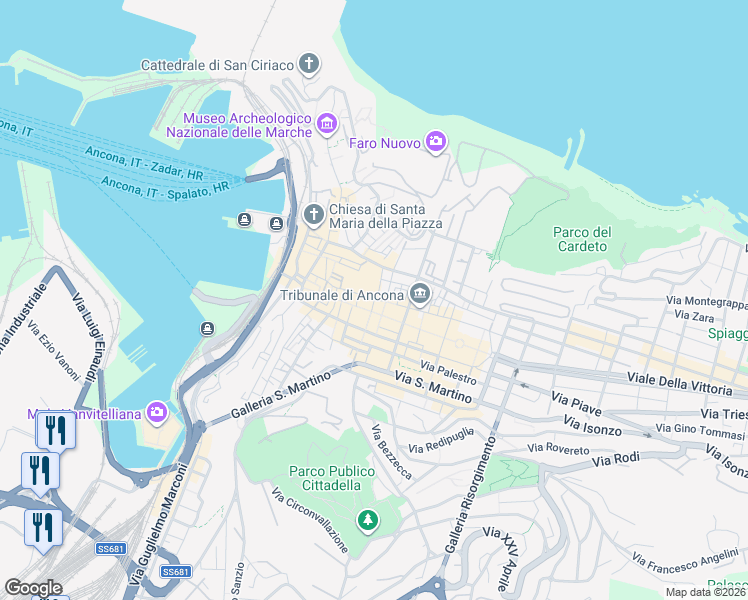 map of restaurants, bars, coffee shops, grocery stores, and more near 86 Corso Giuseppe Garibaldi in Ancona