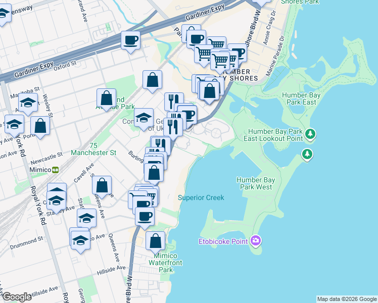 map of restaurants, bars, coffee shops, grocery stores, and more near 2289 Lake Shore Boulevard West in Toronto