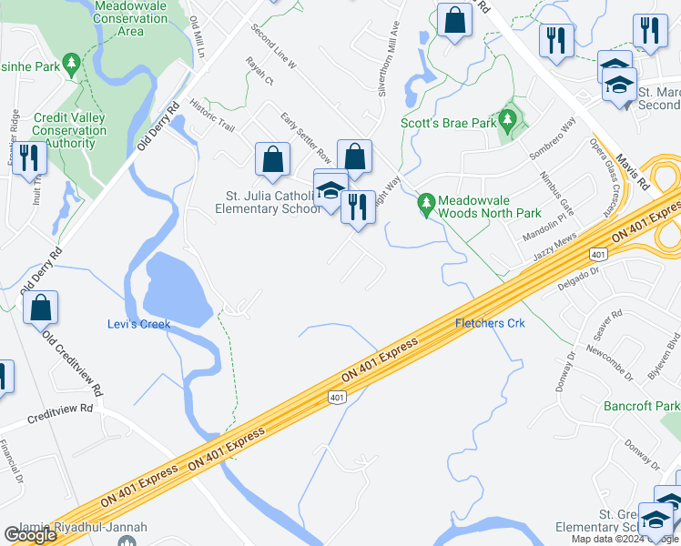map of restaurants, bars, coffee shops, grocery stores, and more near 1153 Hickory Hollow Glen in Mississauga