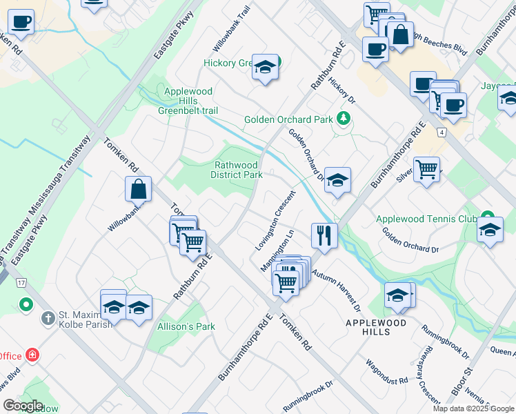 map of restaurants, bars, coffee shops, grocery stores, and more near 1067 Rowan Court in Mississauga